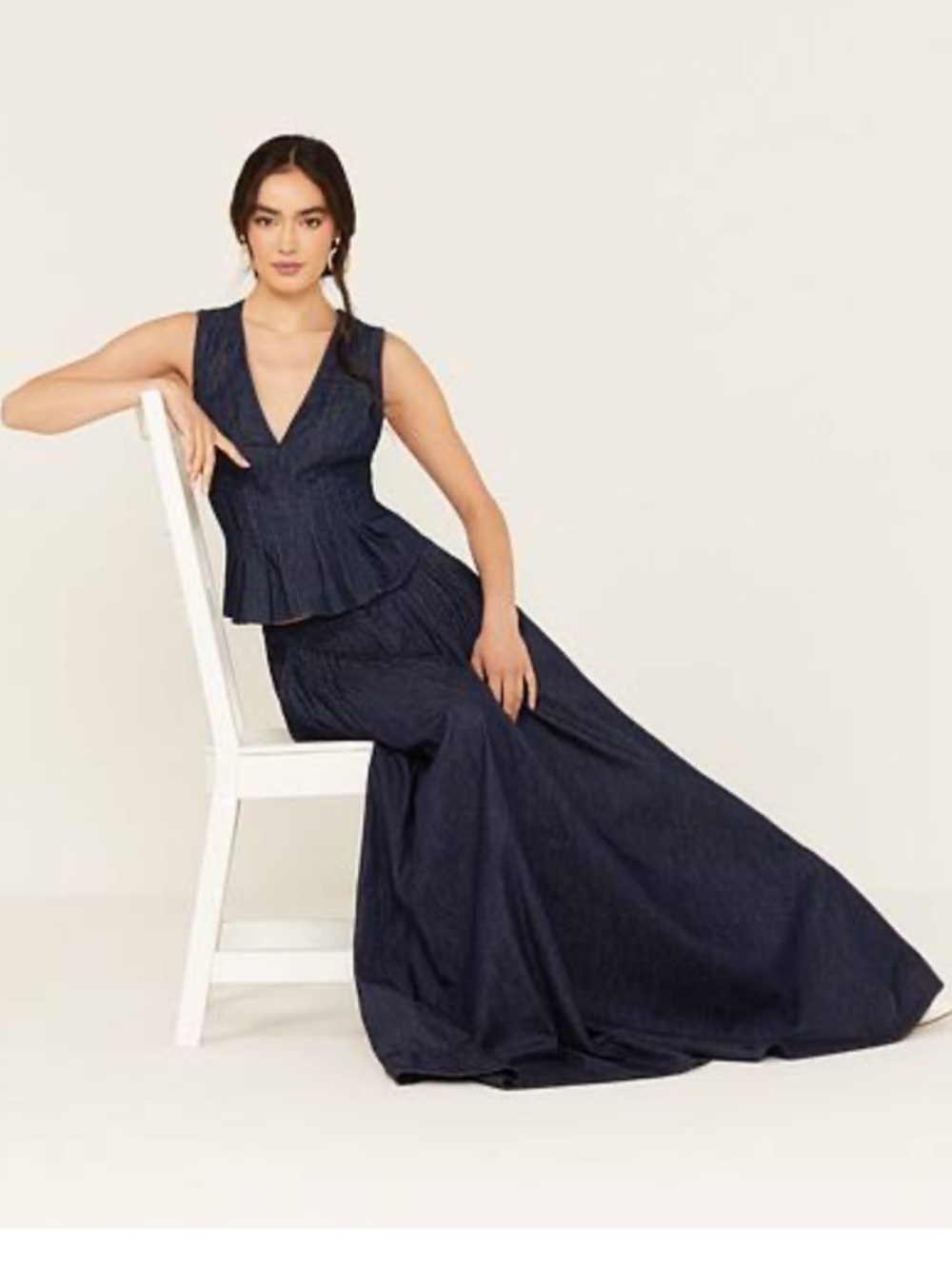 Free People Navy Blue Sleeveless V-Neck Peplum Maxi skirt and matching top